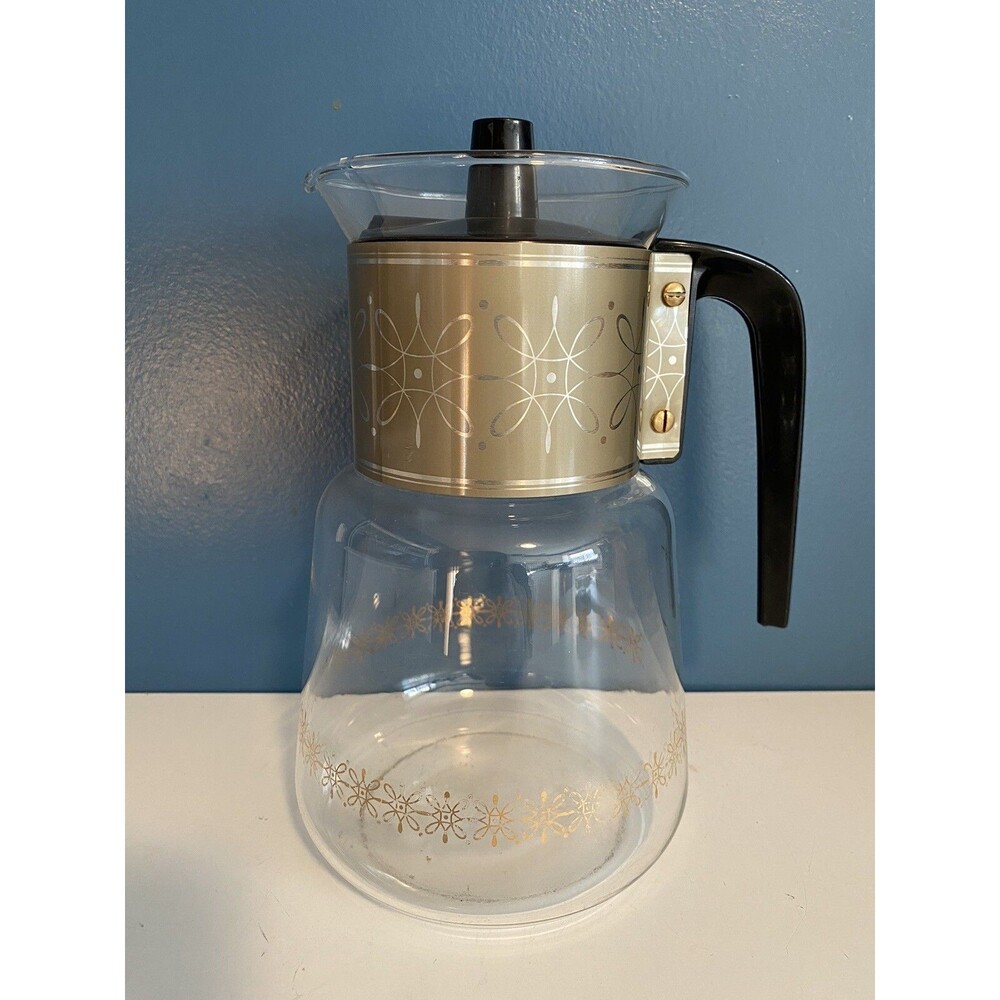 Vintage Atomic Star Coffee Carafe Pot Glass 8 cup Gold with lid Cory Brand MCM
